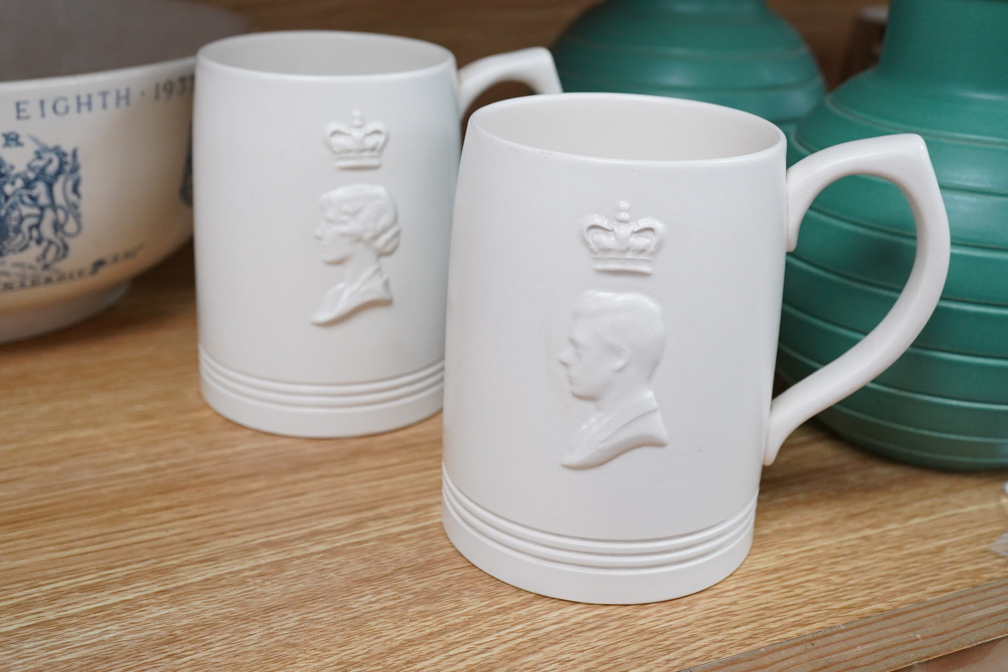 Keith Murray for Wedgwood - a Coronation bowl dated 1937 and mugs dated 1937 and 1953